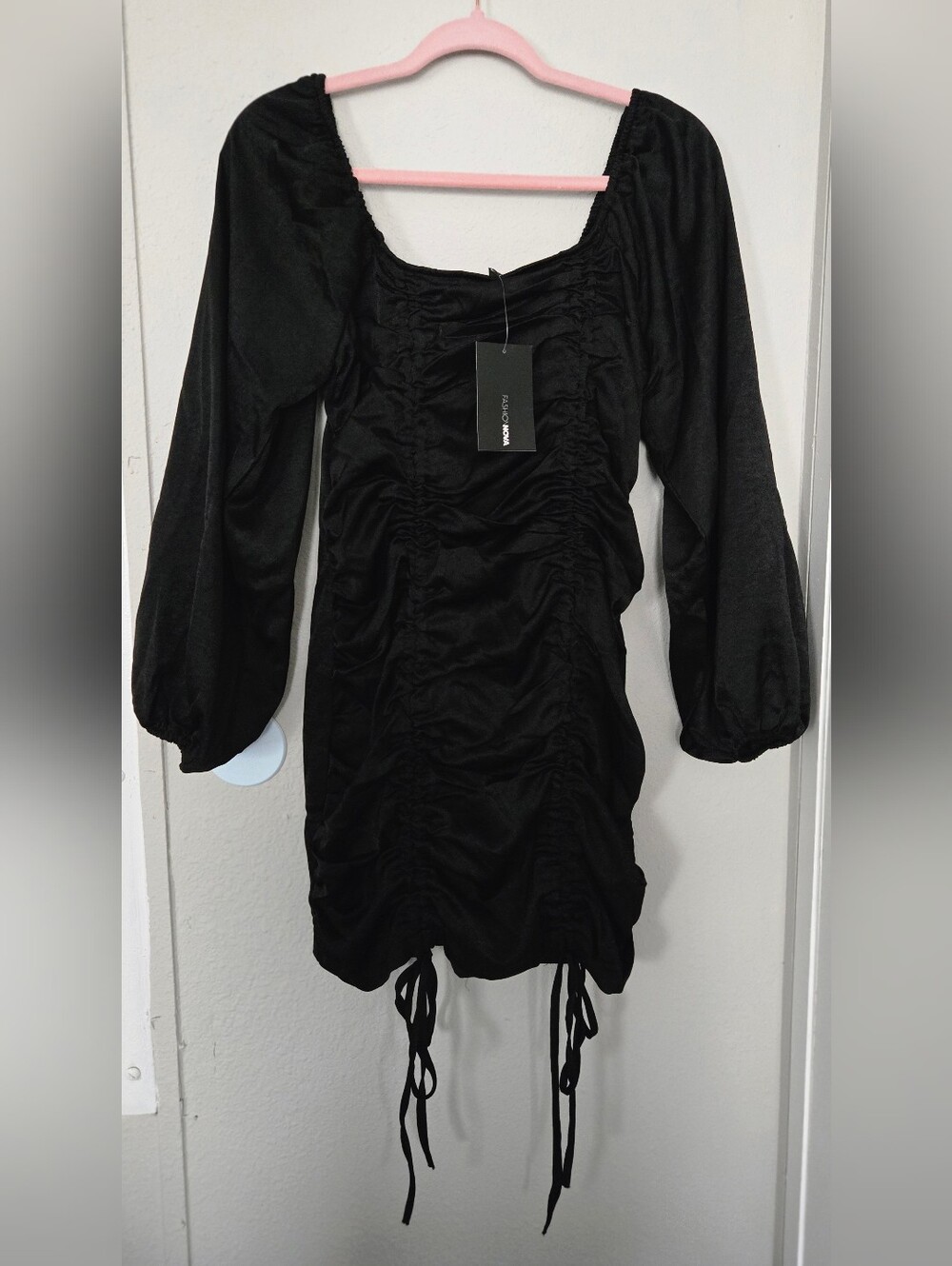 Fashion Nova Black Ruched Long Sleeve Mini Dress